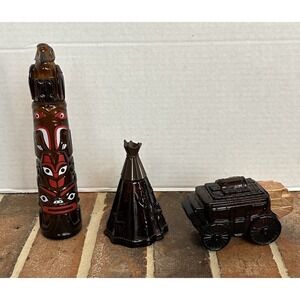 Lot Of 3 Vtg Avon  Aftershave Bottles 70s Brown Glass Totem Teepee Stage Coach